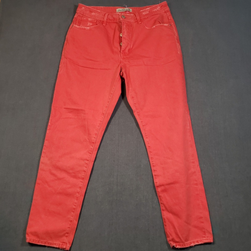 Zara Jeans Womens 8 Coral Red Z1975 Denim High Rise‎ Button Fly Distressed Hem